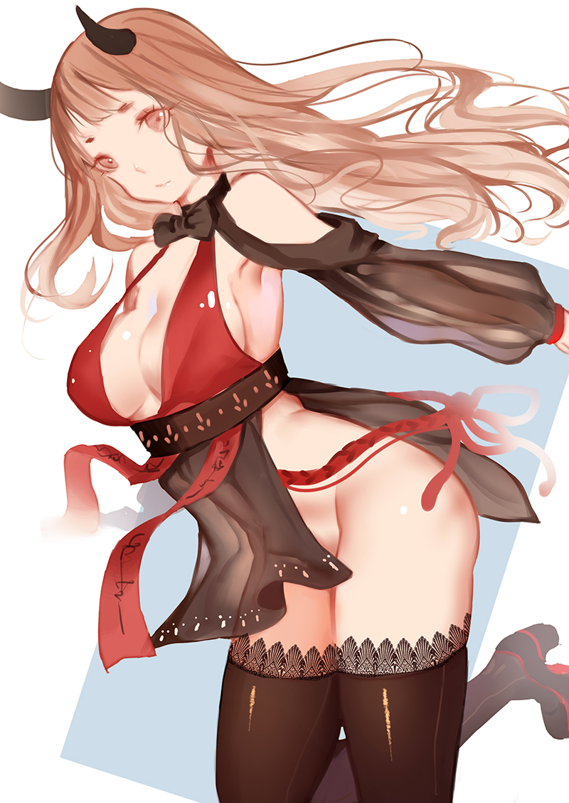 1girl, blade_&amp;_soul, boots, bow, breasts, brown_hair, cleavage, horns