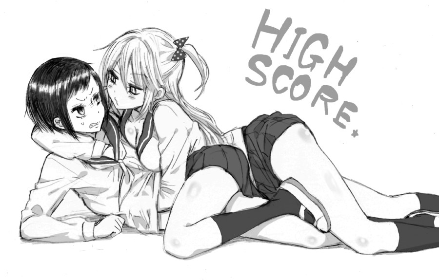 2girls, black_hair, character_request, clenched_teeth, groping, high_score, long_hair, lying