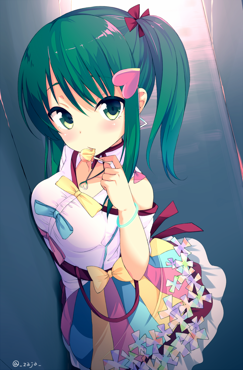 1girl, bare_shoulders, green_eyes, green_hair, hair_ornament, highres, kotonoha_zaja, ponytail