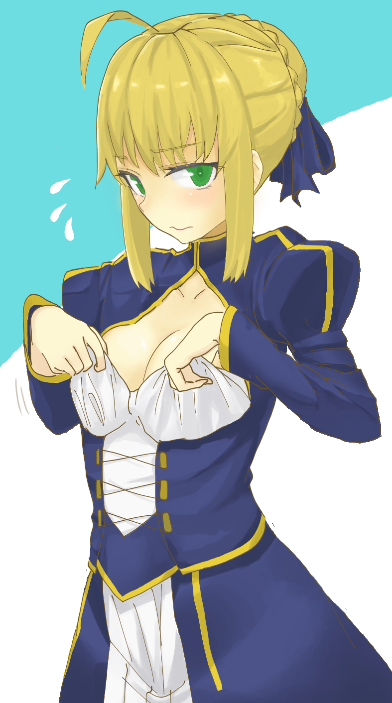 1girl, ahoge, blonde_hair, blush, breast_conscious, breasts, cleavage, cleavage_cutout, collarbone, dress, dress_tug, embarrassed, fate/stay_night, fate_(series), flying_sweatdrops, green_eyes, hair_ribbon, highres, juliet_sleeves, kosdsp, long_sleeves, puffy_sleeves, ribbon, saber, shiny, shiny_hair, short_hair, solo