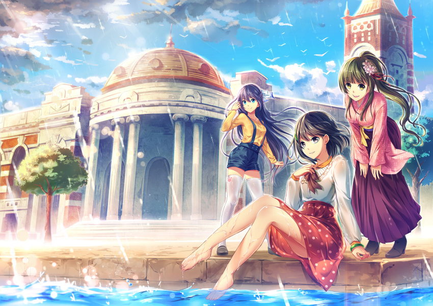 1991_(blz), 3girls, bare_legs, barefoot, black_hair, blue_eyes, blue_hair, bracelet, brown_eyes, brown_hair, building, clouds, column, feet_in_water, flower, green_hair, hair_flower, hair_ornament, hairclip, highres, jewelry, long_hair, multiple_girls, original, pillar, ponytail, rain, short_hair, shorts, skirt, smile, soaking_feet, the_rainy_port_keelung, thigh-highs, tree, water, wet, white_legwear, zettai_ryouiki