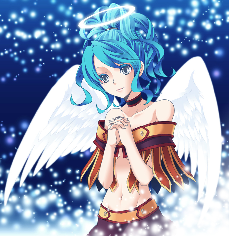 bare_shoulders, blue_hair, breasts, choker, dragon_quest, dragon_quest_ix, grey_eyes, halo, heroine_(dq9), kokutou, kokutou_eiri, midriff, ponytail, short_hair, skirt, under_boob, underboob, wings