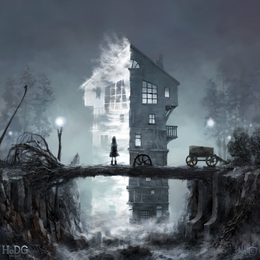 1girl, fog, forest, highres, house, limfoman, nature, original, scenery, surreal