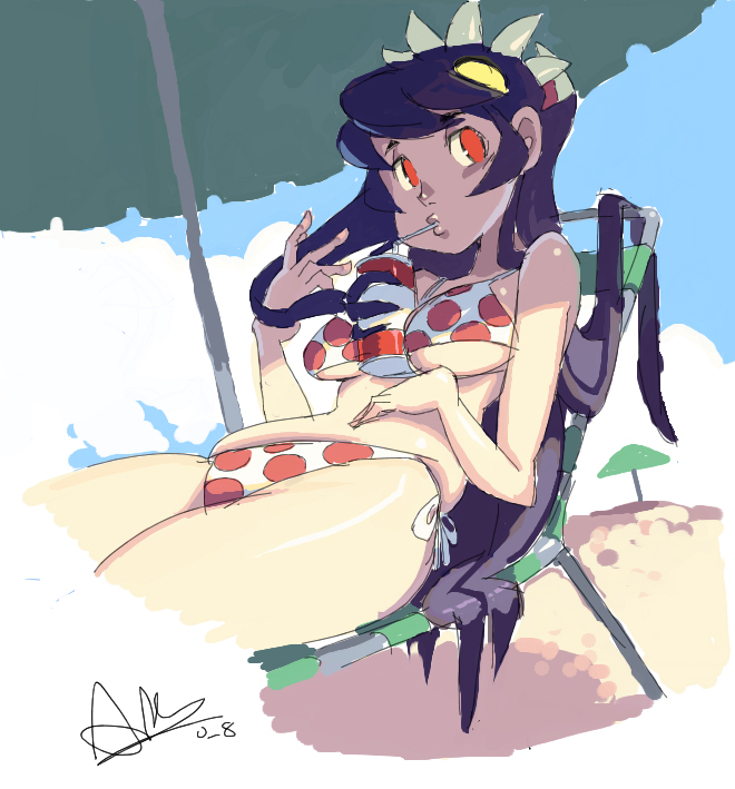 1girl, alex_ahad, beach, beach_umbrella, between_breasts, bikini, black_hair, breasts