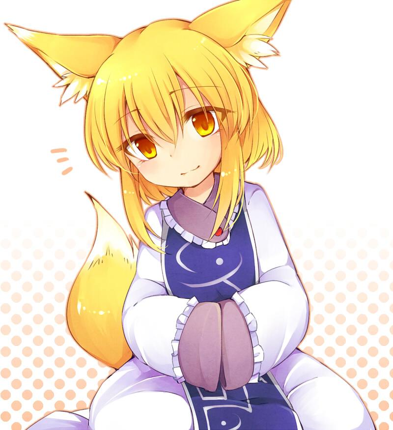 1girl, animal_ears, blonde_hair, fox_ears, fox_tail, no_hat, short_hair, smile