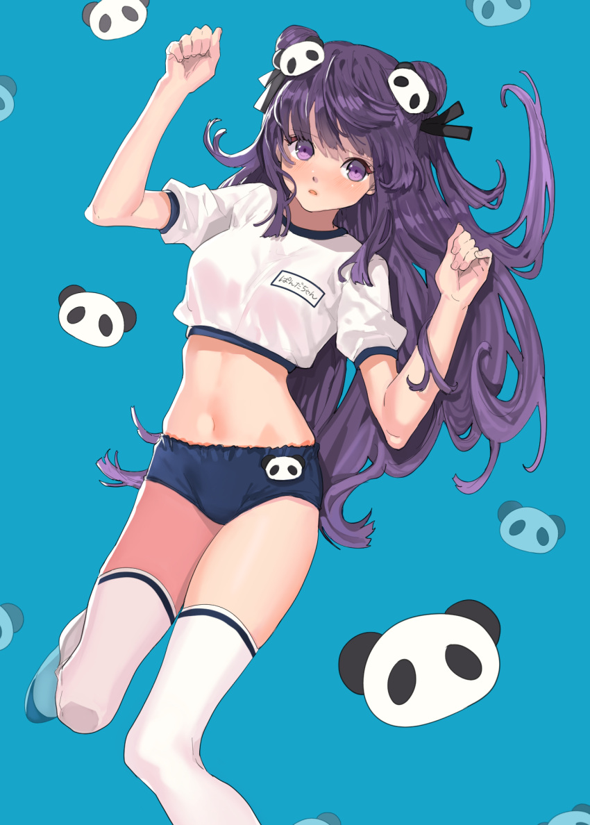 1girl, aruterra, buruma, crop_top, double_bun, gym_uniform, hair_bun, hair_ornament
