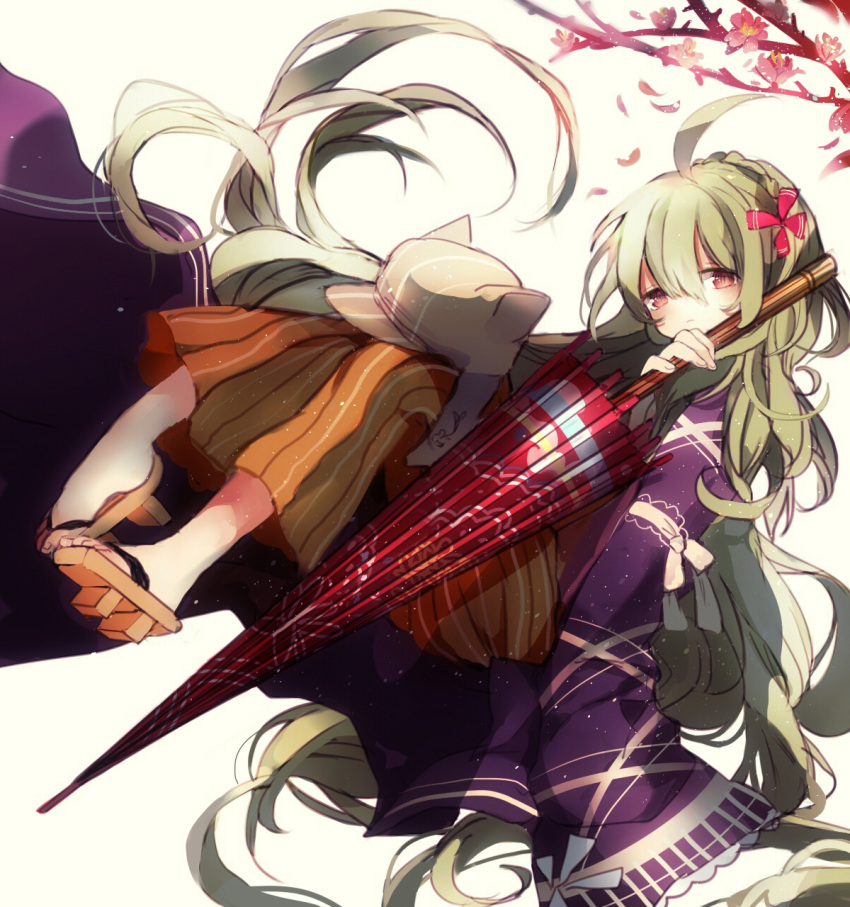 1girl, ahoge, brown_eyes, flower, fuyusuke, geta, grey_hair, hair_ribbon