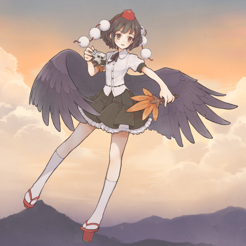 1girl, aoyagi_neko, bird_wings, black_hair, black_wings, camera, fan, flying