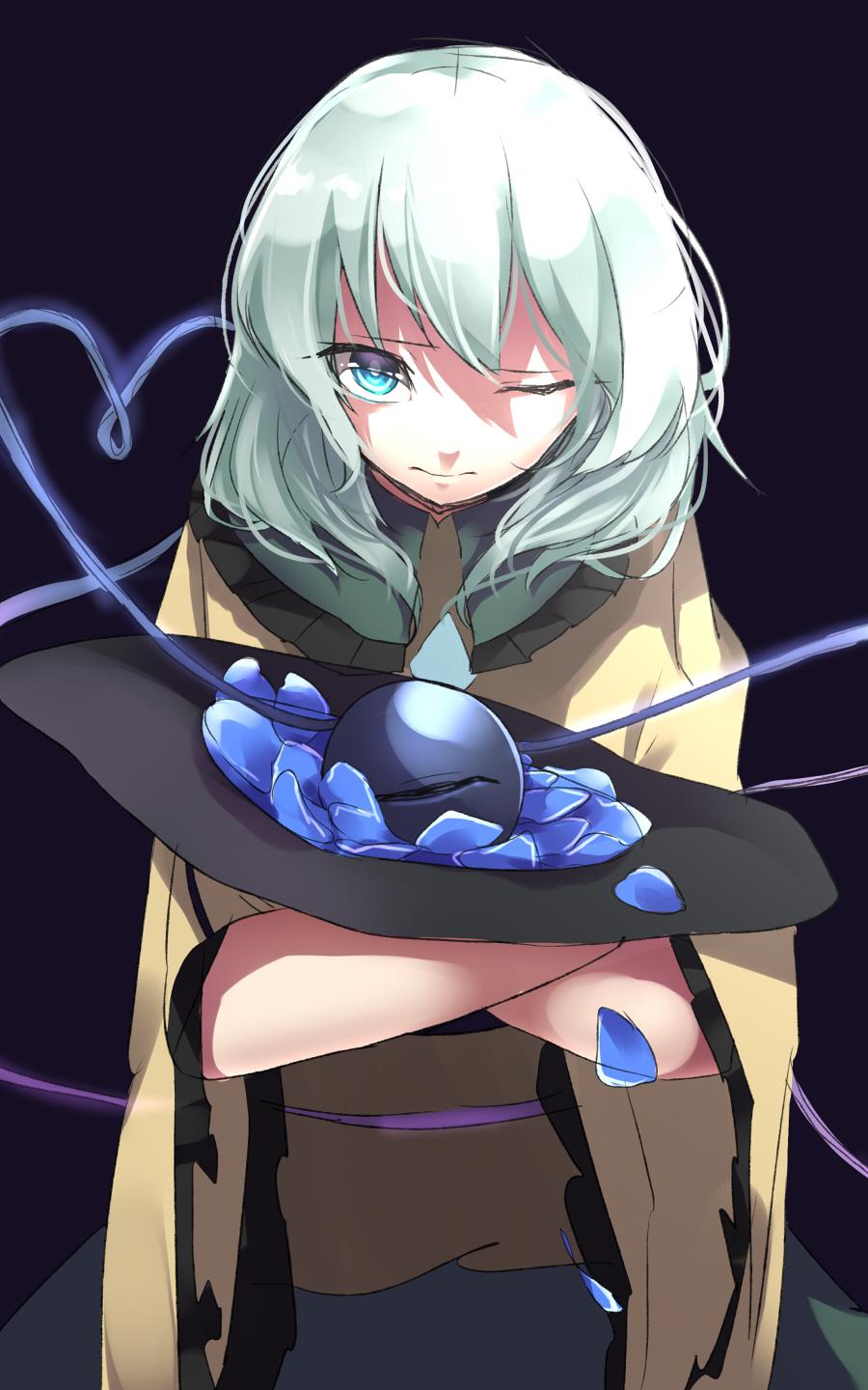 1girl, bow, eyeball, green_eyes, green_hair, hat, hat_removed, headwear_removed