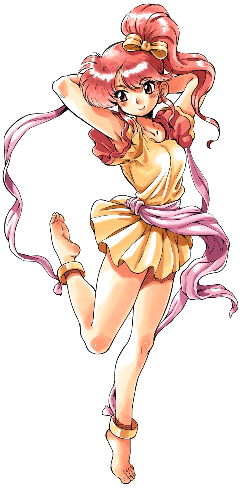 1girl, anklet, arms_behind_head, barefoot, bow, dancer, dress, feena_(fire_emblem), feet, fire_emblem, fire_emblem:_mystery_of_the_emblem, hair_bow, hair_ribbon, highres, jewelry, leg_up, long_hair, oyatsu_(mk2), pink_eyes, ponytail, redhead, ribbon, side_ponytail, simple_background, smile, soles, solo, toes, white_background