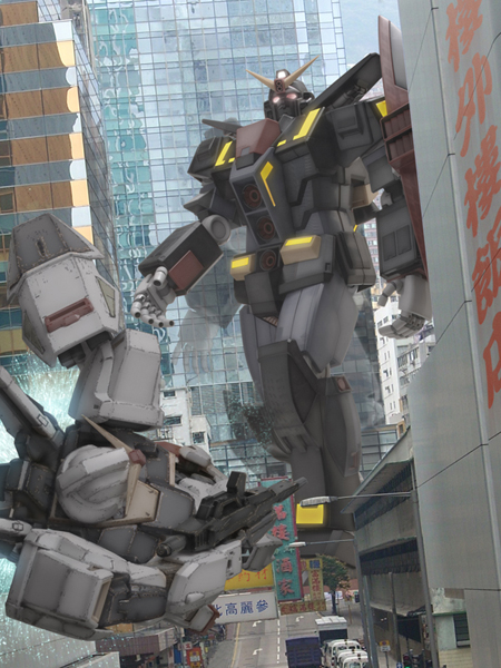 beam_rifle, building, gun, gundam, gundam_mk_ii, mecha, psyco_gundam, robographer