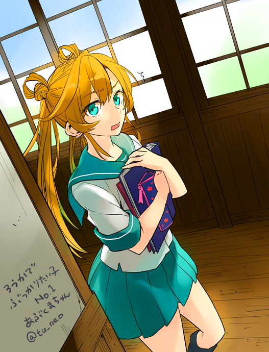1girl, abukuma_(kantai_collection), blonde_hair, blue_eyes, book, hair_rings, kantai_collection, long_hair