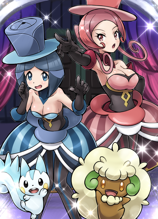 2girls, bare_shoulders, blue_eyes, blue_hair, breasts, choker, cleavage, curtains