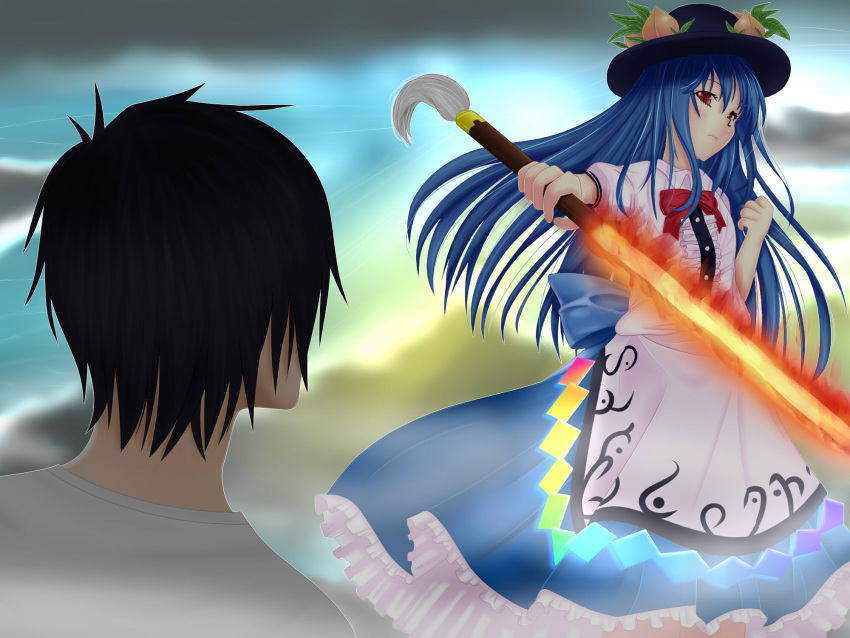 1boy, 1girl, absurdres, black_hair, blue_hair, borrowed_character, brolli_diamondback, clouds, dark_clouds, diamond_in_the_rough, faceless_male, fruit, hat, hinanawi_tenshi, long_hair, long_skirt, original, peach, puffy_short_sleeves, puffy_sleeves, short_sleeves, skirt, skypyoro, sword_of_hisou, tagme, touhou, weapon
