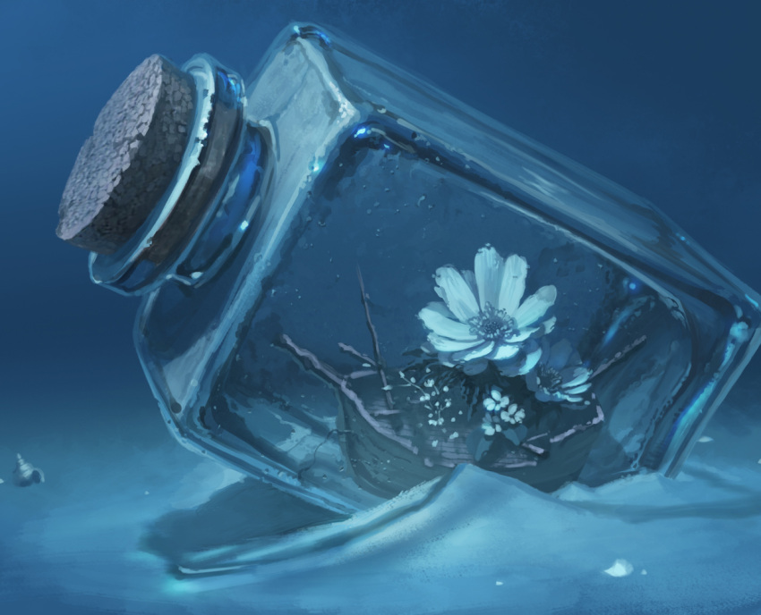 bottle, cork, flower, no_humans, original, reishin_(tenpurasoba), sand, seashell