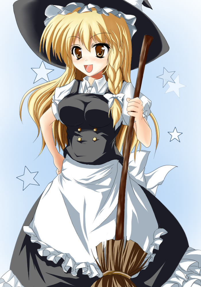 bad_id, blonde_hair, broom, brown_eyes, dress, kirisame_marisa, kounosuke, kounosuke_(pixiv), touhou