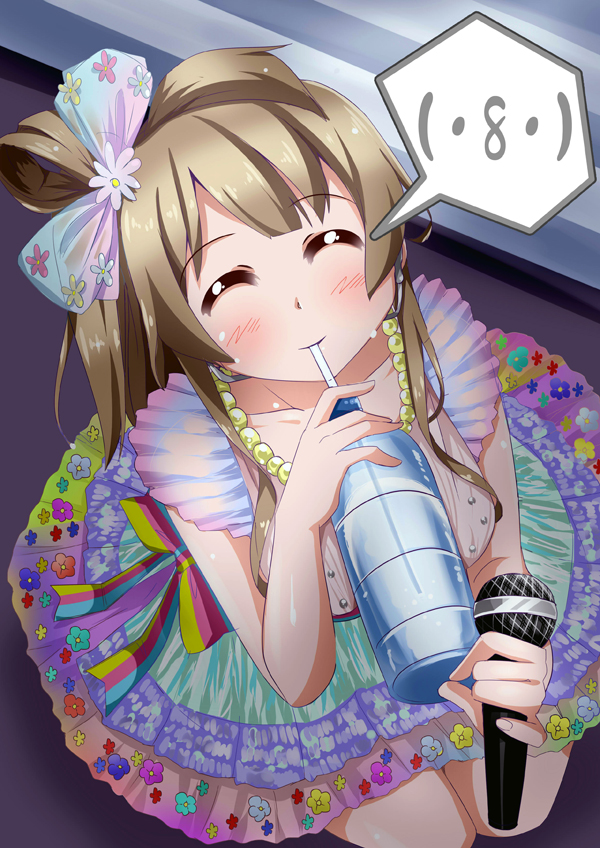 1girl, ^_^, blush, bow, brown_hair, closed_eyes, dress, drinking