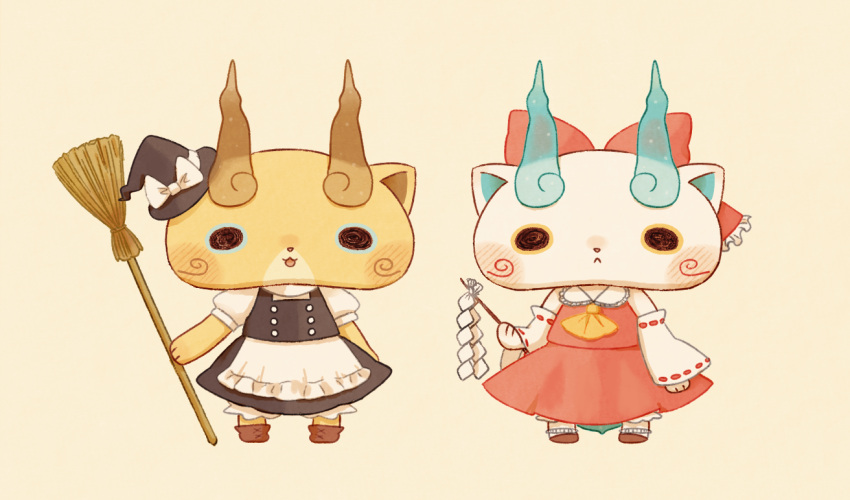 :<, blush, bow, broom, cosplay, detached_sleeves, gohei, hakurei_reimu