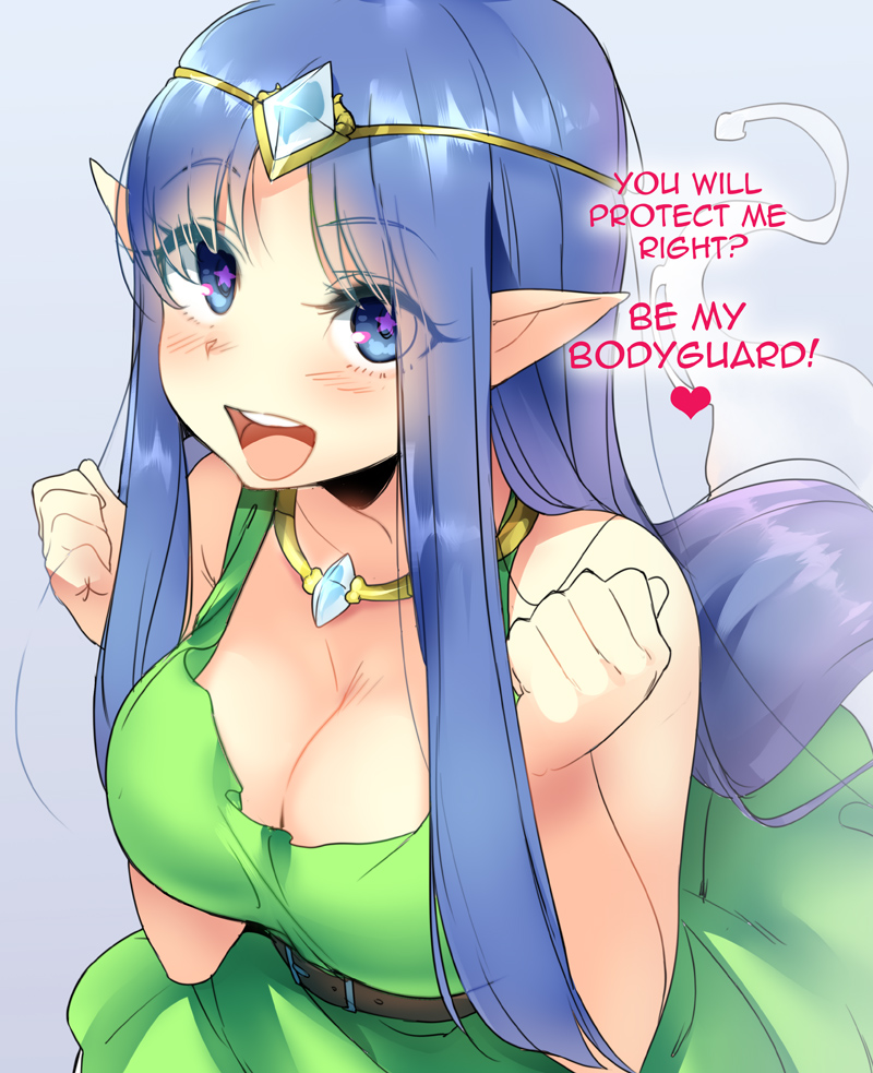 1girl, :d, belt, blue_eyes, blue_hair, blush, breasts, breath_of_death_vii:_the_beginning, circlet, cleavage, dress, english, ghost_tail, green_dress, large_breasts, long_hair, looking_at_viewer, naso4, open_mouth, sara_(breath_of_death), simple_background, smile, solo, star, star-shaped_pupils, symbol-shaped_pupils