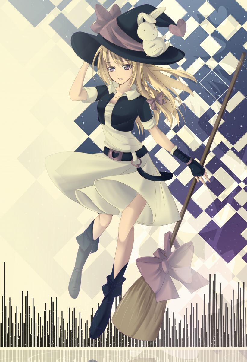 1girl, adjusting_clothes, adjusting_hat, alternate_costume, belt, blonde_hair, braid, broom