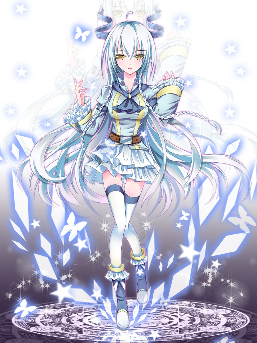 1girl, ahoge, ascot, braid, butterfly, doc.lnn, frilled_sleeves, frills