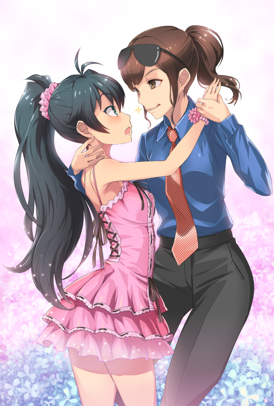 2girls, aqua_eyes, black_hair, brown_eyes, brown_hair, don_michael, ganaha_hibiki, grin