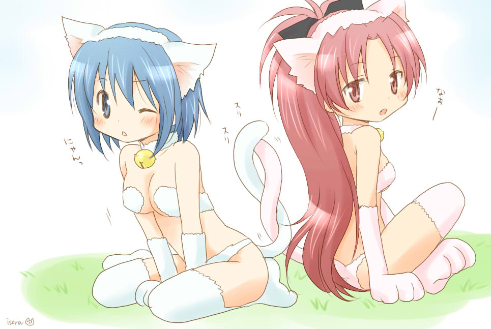 2girls, animal_ears, bare_shoulders, bell, bell_choker, blue_eyes, blue_hair, blush