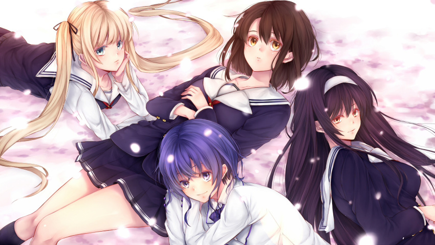 4girls, aina, arms_around_waist, black_hair, blonde_hair, blue_eyes, blue_hair, bow, brown_hair, capelet, cardigan, collarbone, female, hairband, highres, hyoudou_michiru, kasumigaoka_utaha, katou_megumi, kneehighs, long_hair, long_sleeves, looking_at_viewer, multiple_girls, petals, saenai_heroine_no_sodatekata, sawamura_spencer_eriri, school_uniform, short_hair, skirt, smile, twintails, very_long_hair, yellow_eyes