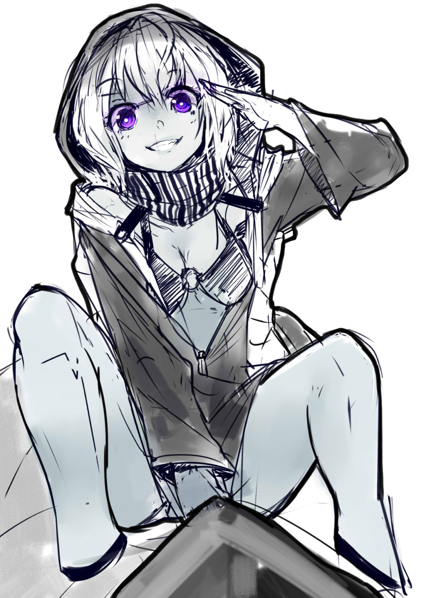 1girl, bikini_top, breasts, cleavage, grey_skin, grin, highres, hood