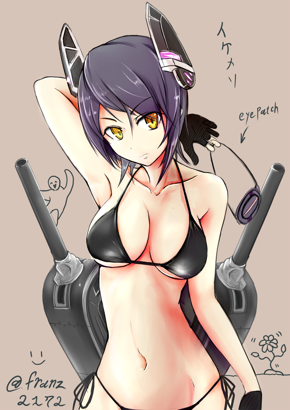 1girl, armpits, bikini, black_bikini, black_gloves, breasts, bust, collarbone