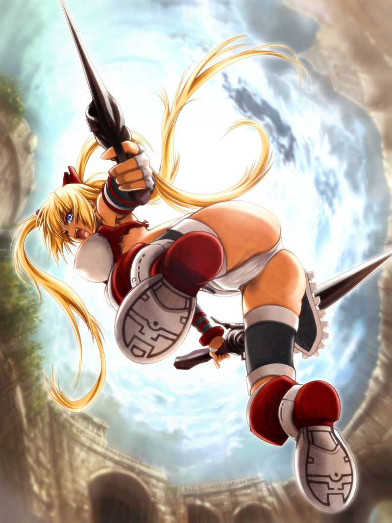 ayumi_(x-blades), blonde_hair, blue_eyes, boots, breasts, dual_wielding, fang, fingerless_gloves
