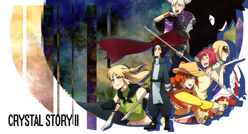 3boys, 5girls, :d, ^_^, antenna_hair, armor, black_gloves, black_hair