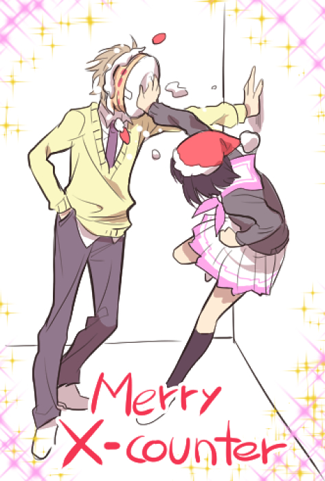 1boy, 1girl, cake, christmas, comic, food, kanou, original