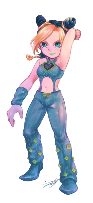 1girl, black_hair, blonde_hair, blue_eyes, double_bun, green_lipstick, guyai, jojo_no_kimyou_na_bouken, kuujou_jolyne, lipstick, makeup, midriff, multicolored_hair, solo, two-tone_hair