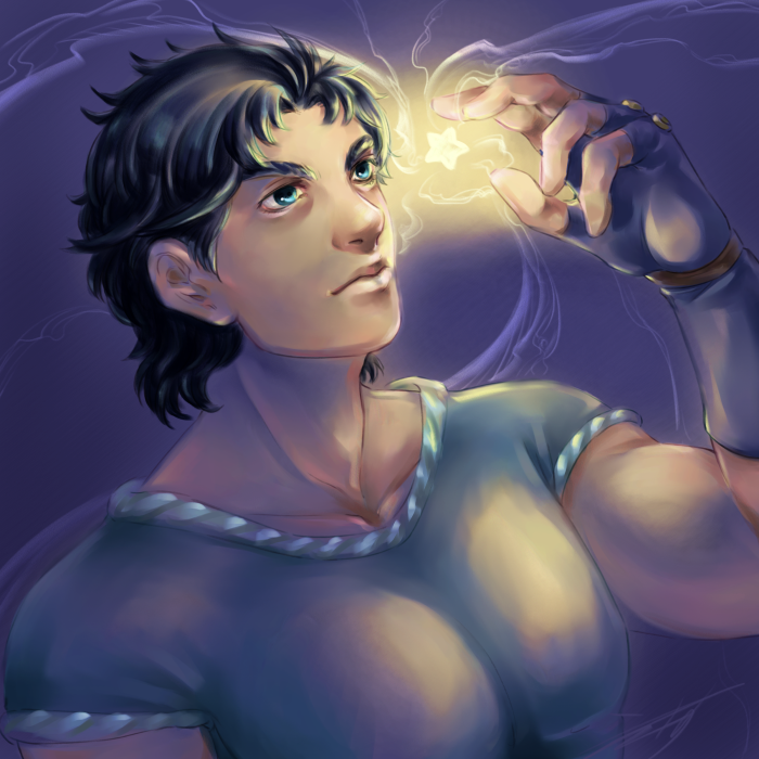 1boy, black_hair, blue_eyes, fingerless_gloves, gloves, glowing, guyai, jojo_no_kimyou_na_bouken, jonathan_joestar, solo, star