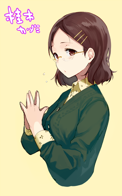 1girl, cardigan, character_name, flying_sweatdrops, glasses, hair_ornament, hairclip, katsuragi_kazumi, sasamori_tomoe, simple_background, solo, steepled_fingers, tokyo_7th_sisters, yellow_background