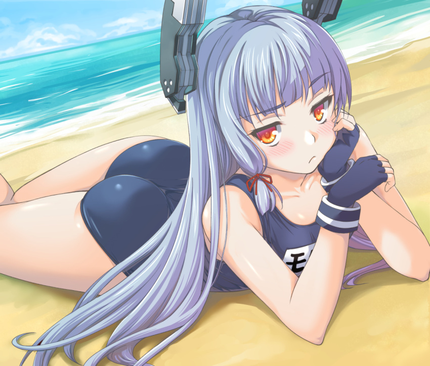 1girl, arm_support, ass, bare_shoulders, beach, blue_hair, fingerless_gloves, gloves