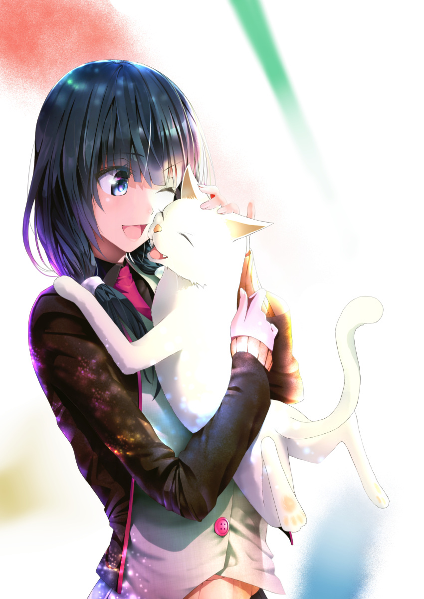 1girl, aqua_eyes, black_hair, cat, hairband, highres, hug, light_rays