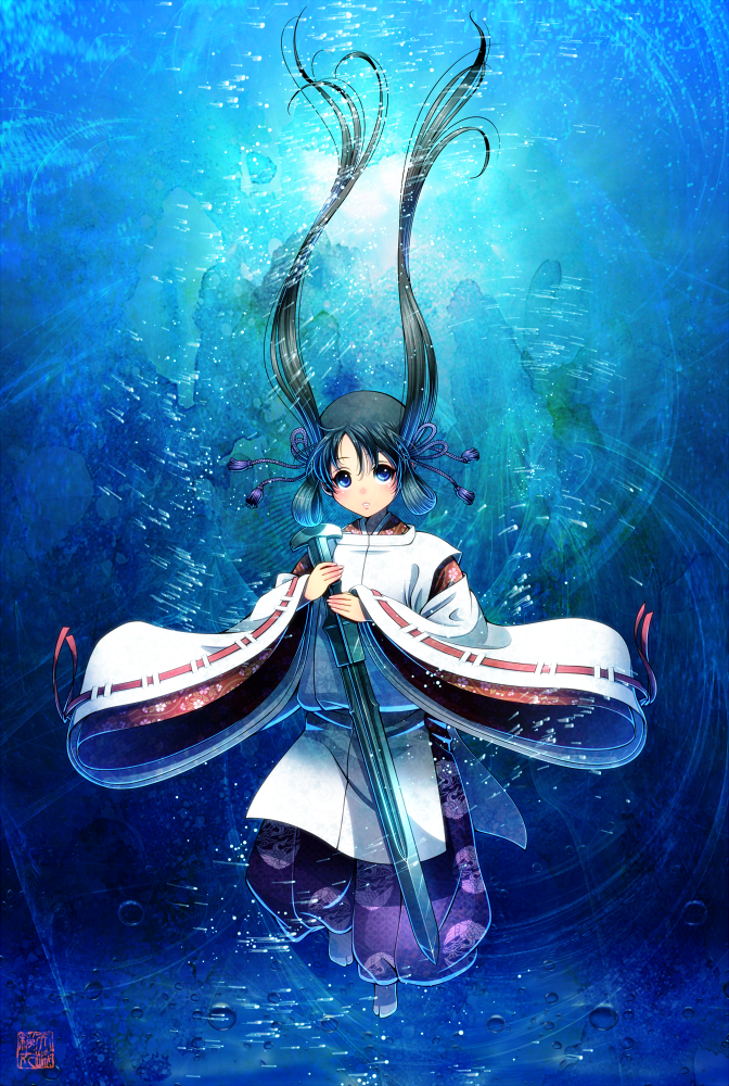 1boy, amaga_sakuramaru, black_hair, blue_eyes, bubble, child, emperor_antoku, hair_ornament, hair_rings, hakama, japanese_clothes, kariginu, long_hair, real_life, signature, solo, sword_of_kusanagi, tabi, underwater, very_long_hair