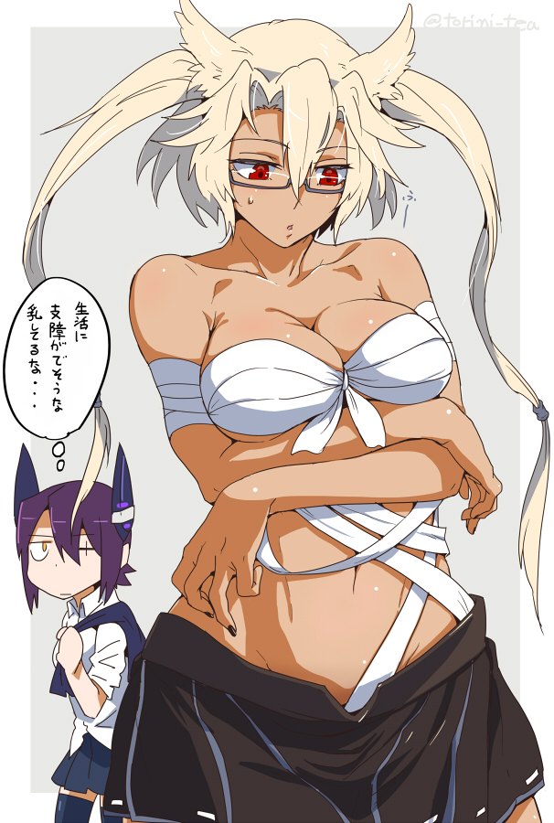 2girls, dark_skin, glasses, headgear, kantai_collection, long_hair, multiple_girls, musashi_(kantai_collection), purple_hair, red_eyes, sarashi, scar, school_uniform, short_hair, skirt, tenryuu_(kantai_collection), thigh-highs, torinitea, translation_request, twintails, yellow_eyes