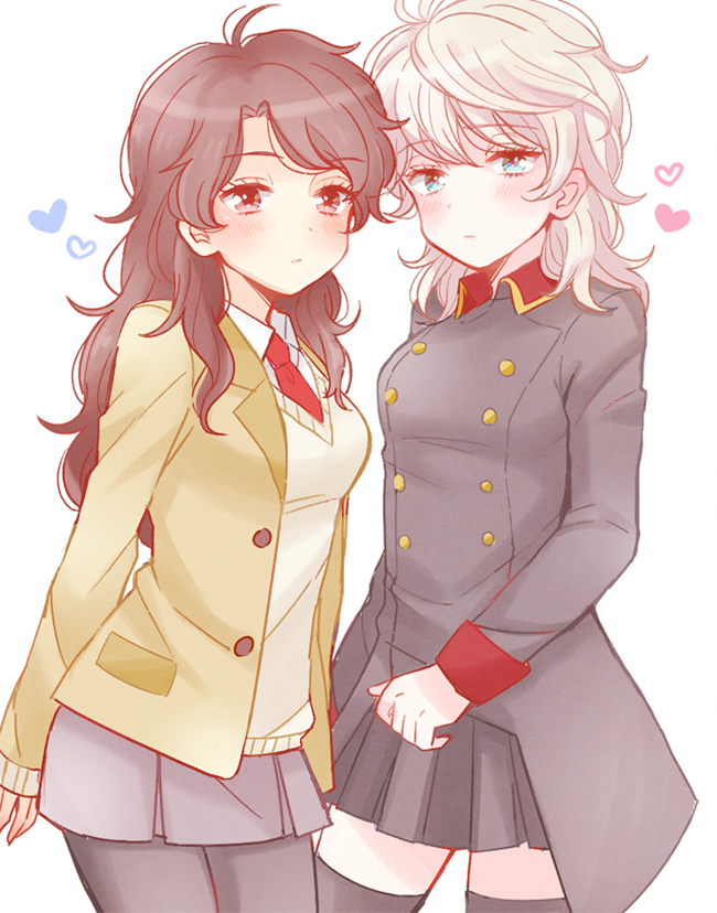 2girls, aldnoah.zero, black_legwear, blush, brown_eyes, brown_hair, double-breasted, genderswap, kaizuka_inaho, long_hair, military, military_uniform, multiple_girls, ne_co_neco, necktie, school_uniform, silver_hair, skirt, slaine_troyard, sweater_vest, uniform