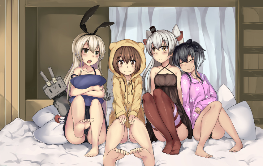 4girls, :3, =3, amatsukaze_(kantai_collection), animal_hat, barefoot, black_hair, black_panties