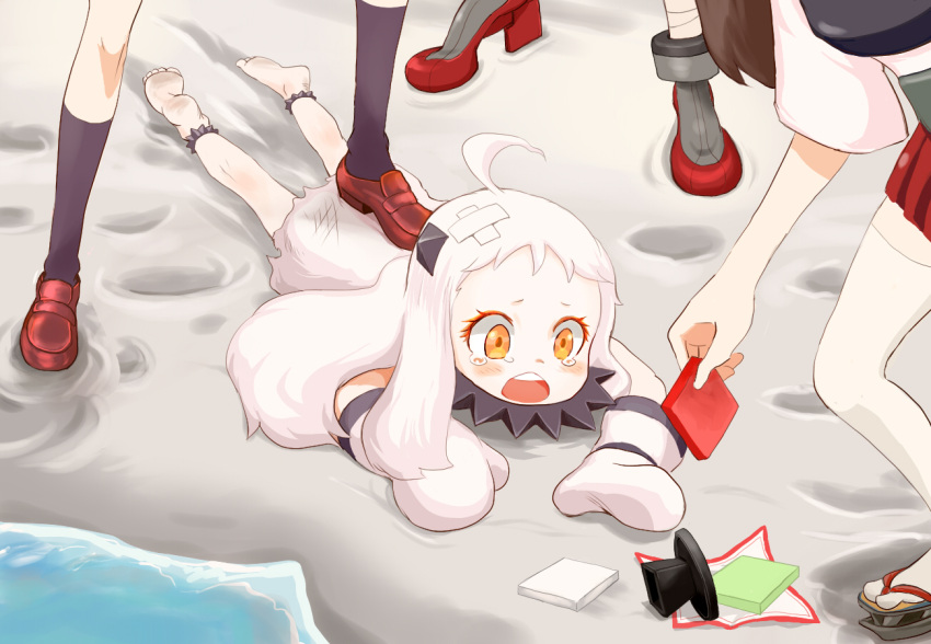 4girls, ahoge, akagi_(kantai_collection), brown_hair, bruise, character_request, commentary_request, crying