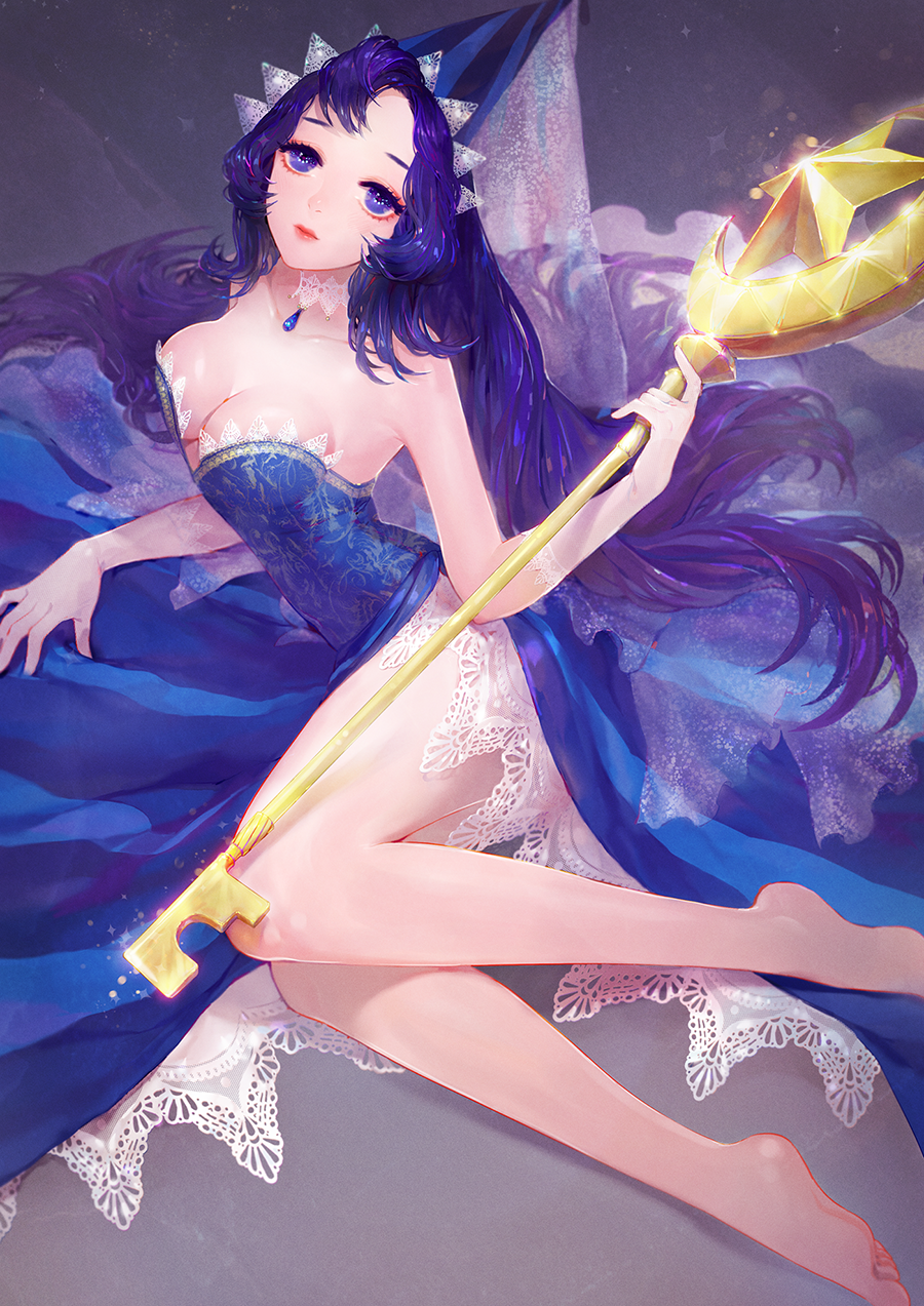 1girl, bare_shoulders, barefoot, blue_eyes, blue_hair, breasts, cleavage, cookie_run