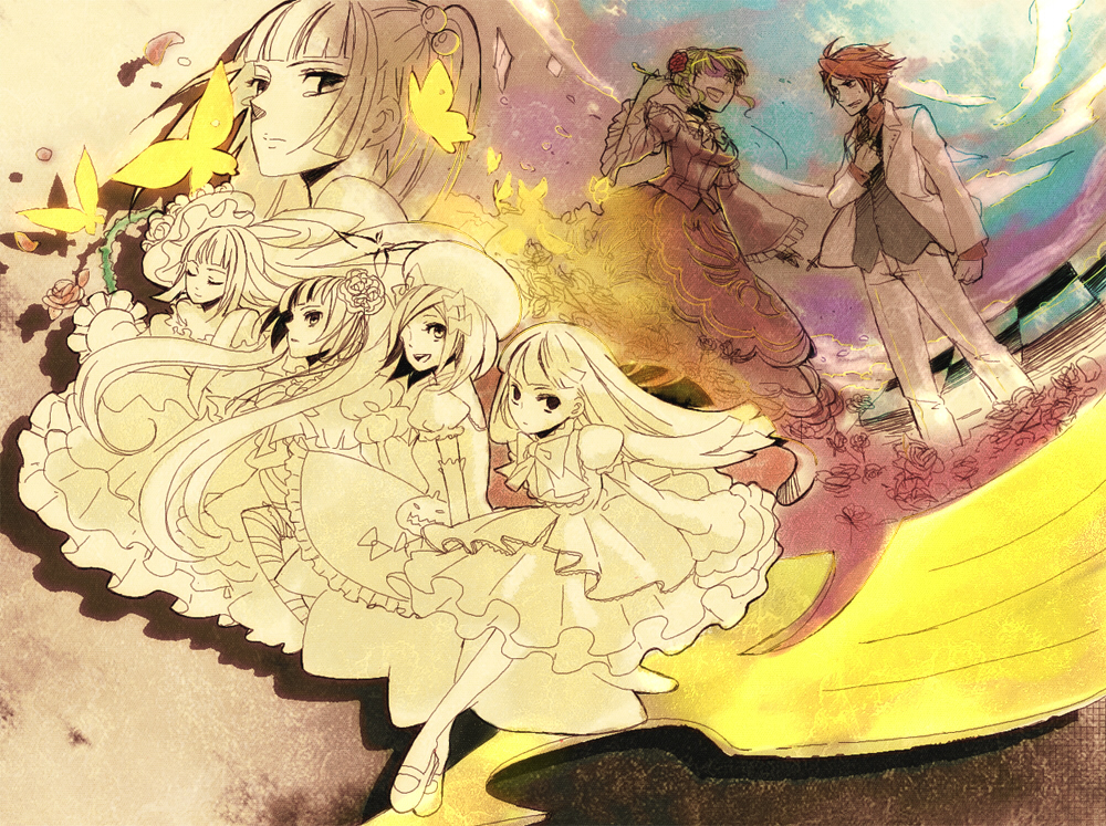 beatrice, black_eyes, blonde_hair, blunt_bangs, bow, butterfly, cat_tail, checkboard