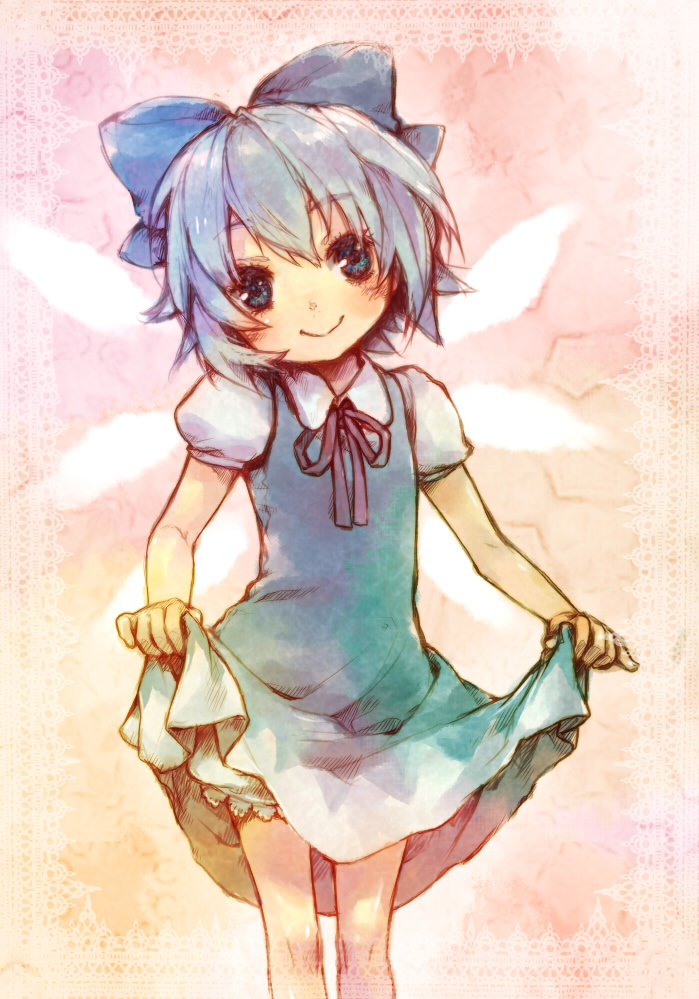 ame_shoku, bloomers, blue_eyes, blue_hair, cirno, curtsey, dress, dress_lift