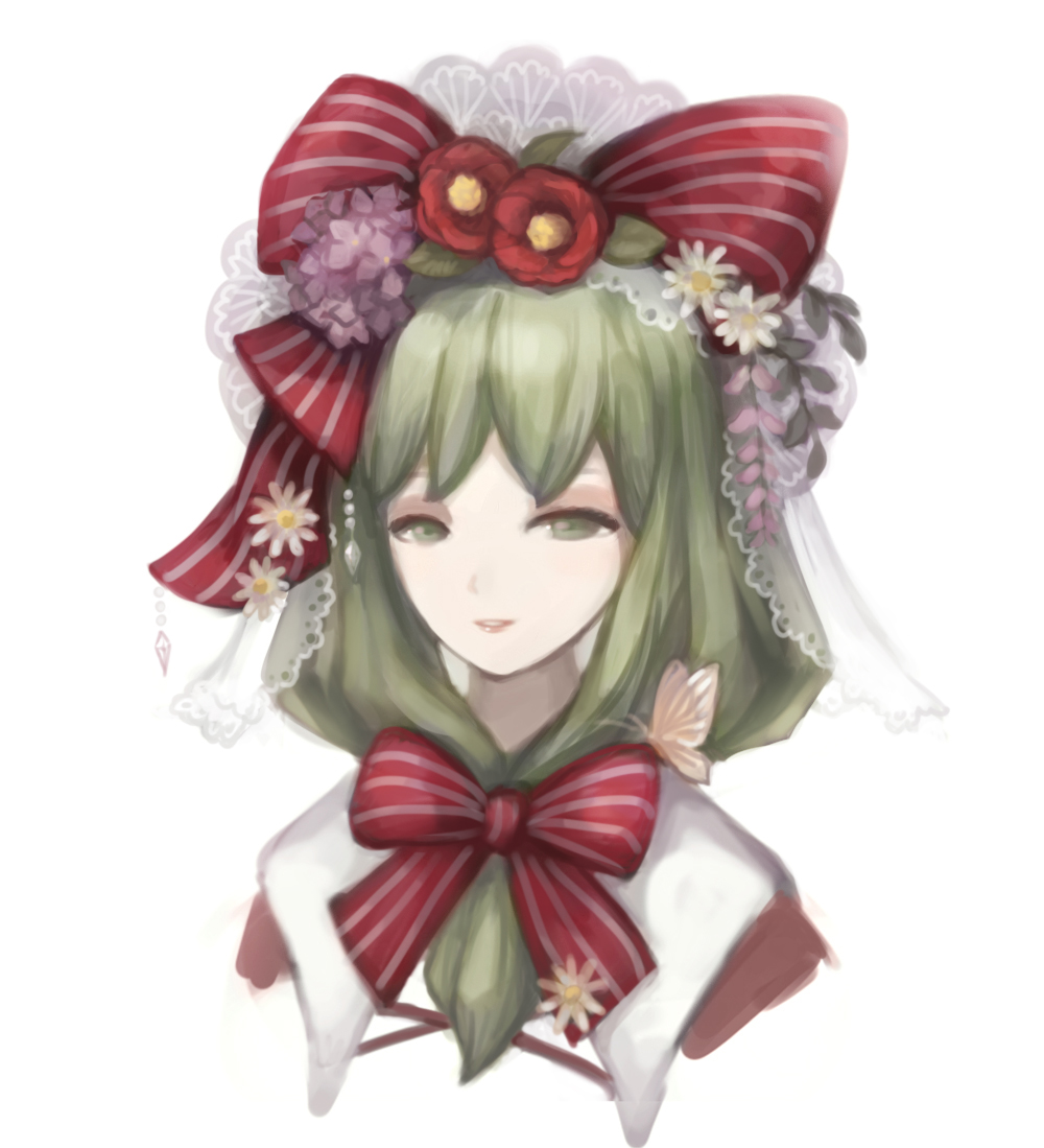 1girl, bow, butterfly, echoes_(cassandratree), embellished_costume, flower, front_ponytail, green_eyes