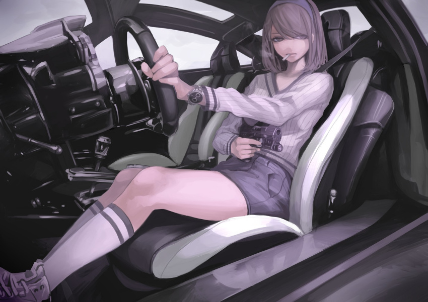 1girl, brown_eyes, brown_hair, car, cigarette, gun, hairband, handgun