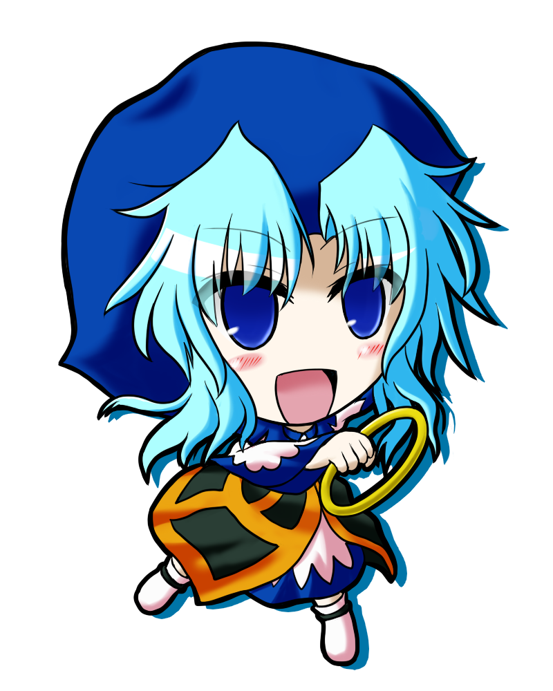 1girl, blue_eyes, blush, chibi, hood, jewelry, kumoi_ichirin, open_mouth, ring, solo, touhou, white_background, yani_tama
