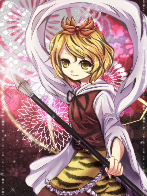 asagiri_(artist), blonde_hair, hair_ornament, polearm, shawl, short_hair, spear, toramaru_shou